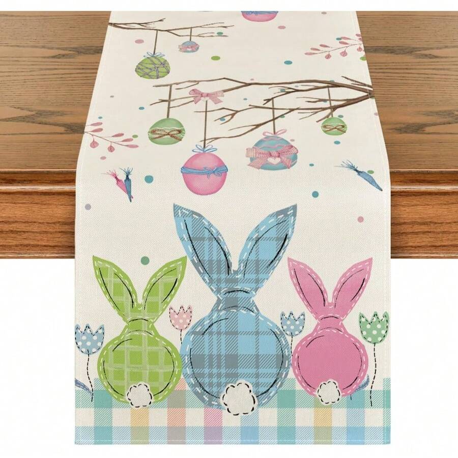 1pc Plaid Rabbit, Eggs, Carrot Easter Table Runner, Spring Kitchen Dining Table Decor, Home Party Decoration - Beige - View 1