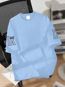 Teenage Boys' Retro LA Academy Design Short Sleeve Loose Comfortable Breathable T-Shirt, Casual Campus Summer Wear, Boys Tops - Baby Blue - View 2