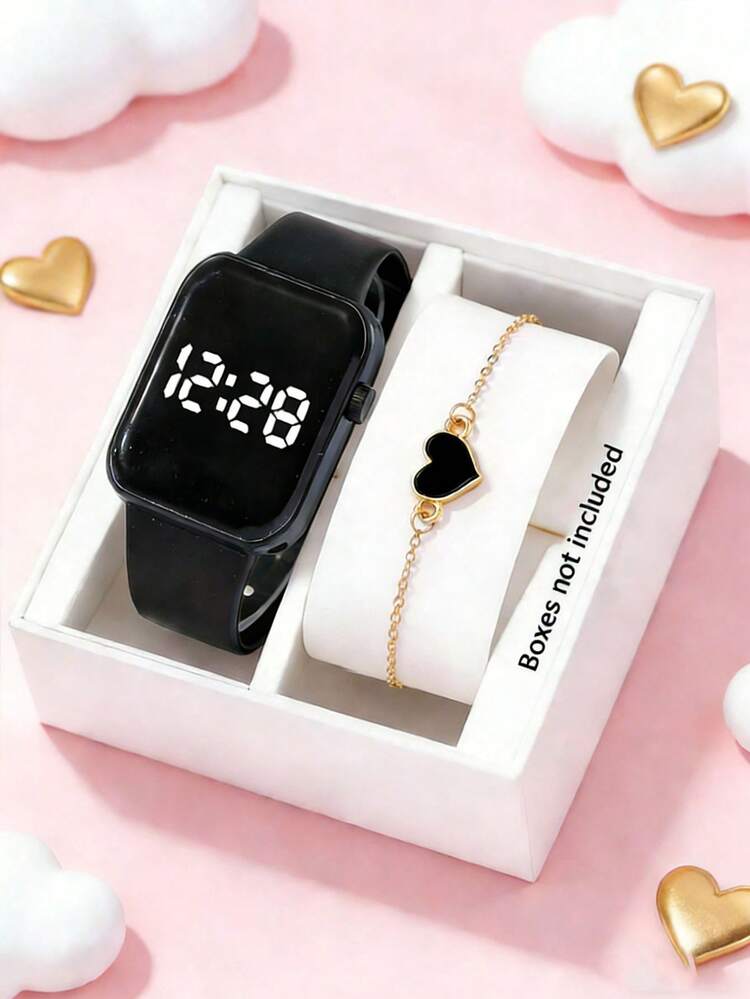 2pcs/Set LED Digital Watch & Heart Shaped Bracelet, Fashion Accessory For Teens & Students, Suitable As Back To School, Christmas, Birthday Gift, Daily Wear - Multicolor - View 10