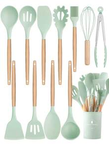 Meoky 12pcs Wooden Handle Silicone Kitchen Utensil Set, Heat Resistant Non-Stick Cooking & Baking Tools, Suitable For Kitchen - Green - Regular - View 2