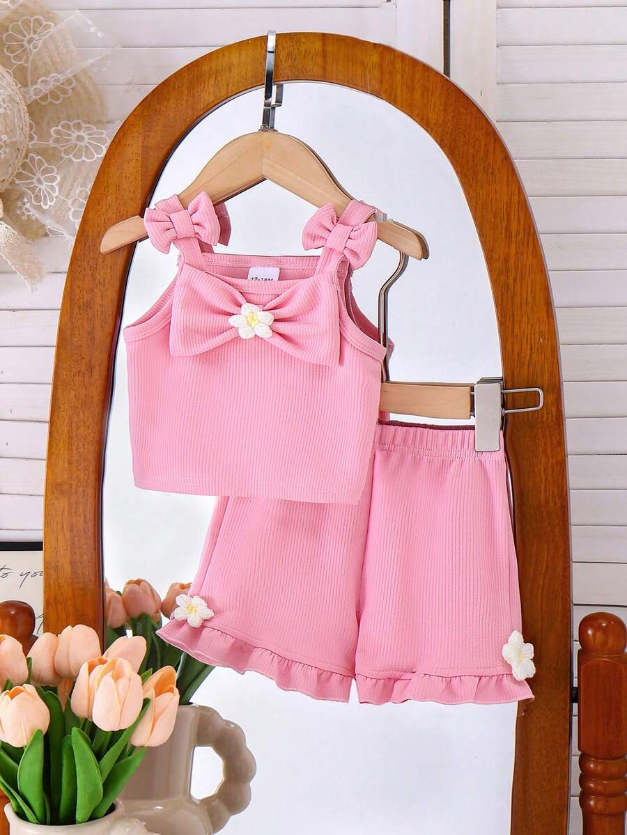2pcs Baby Girls' Casual Cute 3D Floral Bow Strap Top And Pants Set, Summer - Pink - View 1