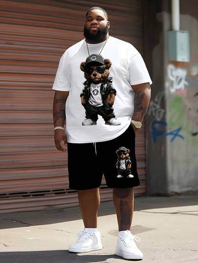 男士街头休闲系列“皮熊”图案运动套装 - 涤纶针织面料，圆领设计，抽绳短裤，口袋细节，常规版型，适合大码身材