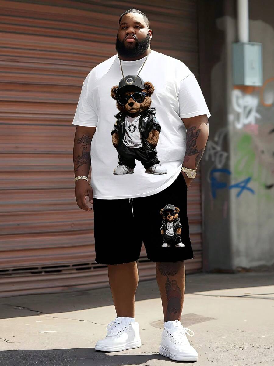 Men's Streetwear Casual Series " Leather Bear" Pattern Design Tracksuit - Polyester Knit Fabric, Round Neck Design, Drawstring Shorts, Pocket Details, Regular Fit, Suitable For Plus Size - Multicolor - View 1