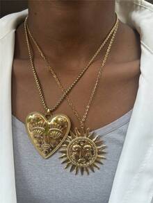 心形太阳脸独特夸张设计吊坠项链，不锈钢首饰配饰 - 人臉項鍊 - 查看 3
