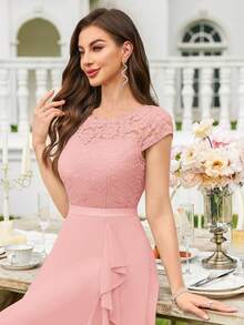 MIUSOL Elegant Solid Color Lace Patchwork Ruffle Hem Cocktail Party Dress Wedding Pink Spring - Pink - View 11