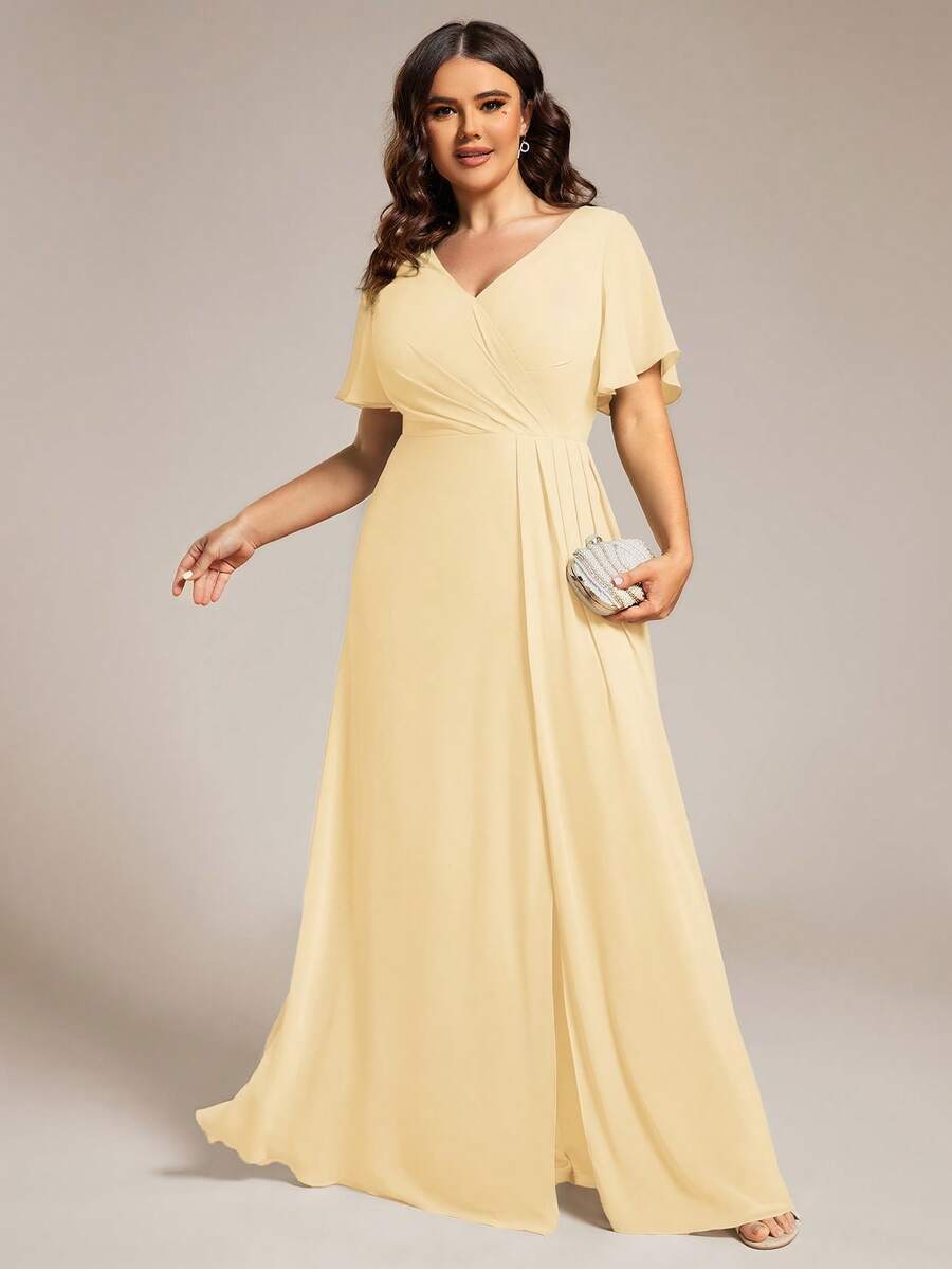 EVERPRETTY Plus Size Butterfly Sleeve V-Neck Ruched High Slit Yellow Bridesmaid Dress, Suitable For Weddings, Parties, Spring/Summer Wedding Guest Formal Attire, Mother Of The Bride/Groom Dress Party