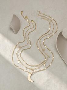 Nooxian 3件套女士星月锆石吊坠项链（吊坠数量随机）（压扁后的数量和间距随机） - 金黃色 - 查看 4