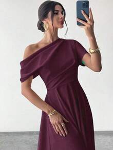 Women Off-The-Shoulder, Short-Sleeved, Pleated, Long, Shimmering Crepe Dress., 31119 - Burgundy - View 2