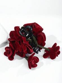1pc Women Velvet Rose Flower Ribbon Hair Clip, Suitable For Daily Wear And Party Occasions - Red - View 7