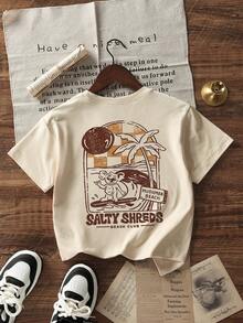 Tween Boys Casual Printed Round Neck Short Sleeve T-Shirt, Summer Top - Apricot - View 4