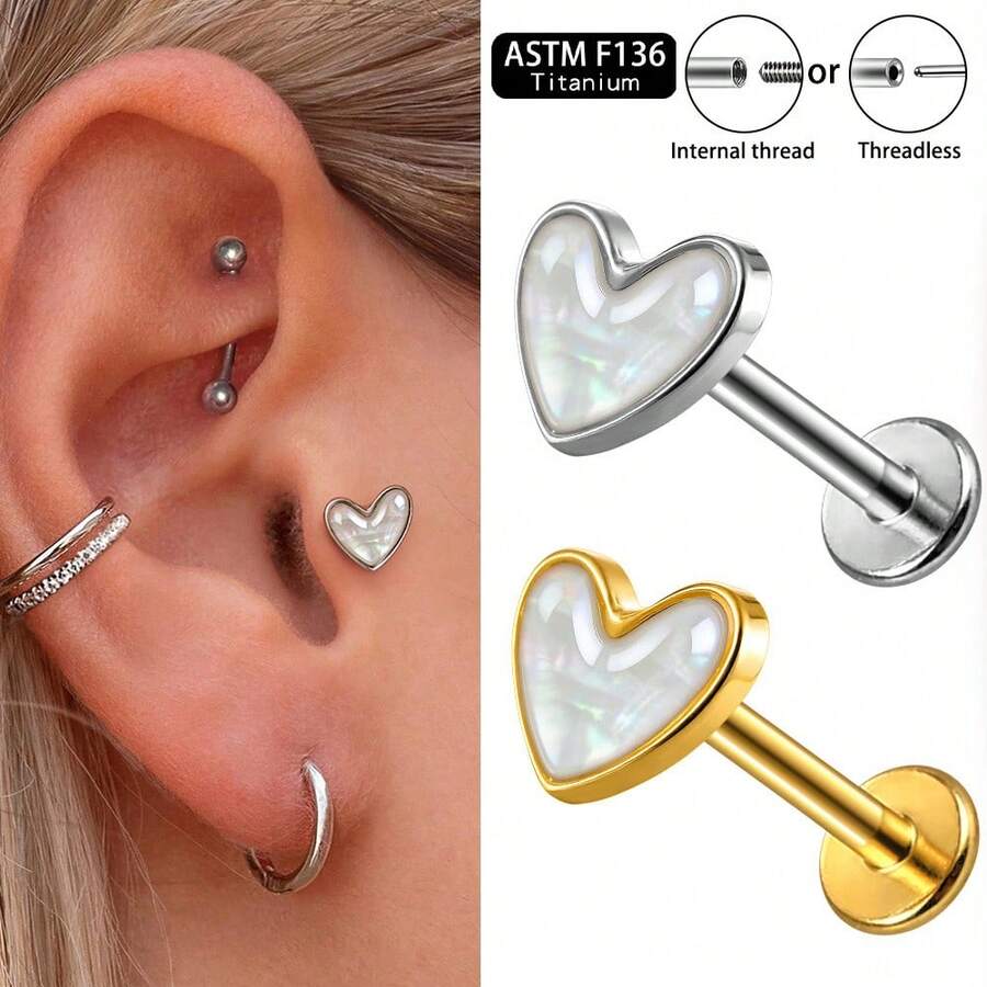 1 pieza Pendientes de botón con forma de corazón de concha blanca para mujeres y hombres, de titanio ASTM F136 con cabeza plana, antialérgicos, con/sin rosca, joyería corporal de moda como regalo - Multicolor - Ver 1