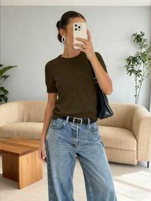 New Spring/Summer Women's Knit Short Sleeve Top, Casual Minimalist Style Olive Solid Color Crew Neck Pullover, Suitable For Daily Wear And Commuting - Army Green - View 3