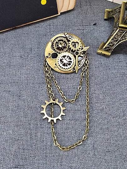 1pc Vintage Steampunk Style Brooch, Includes Clock, Gears And Multi-Functional Gothic Hair Clip, Made Of Stainless Steel