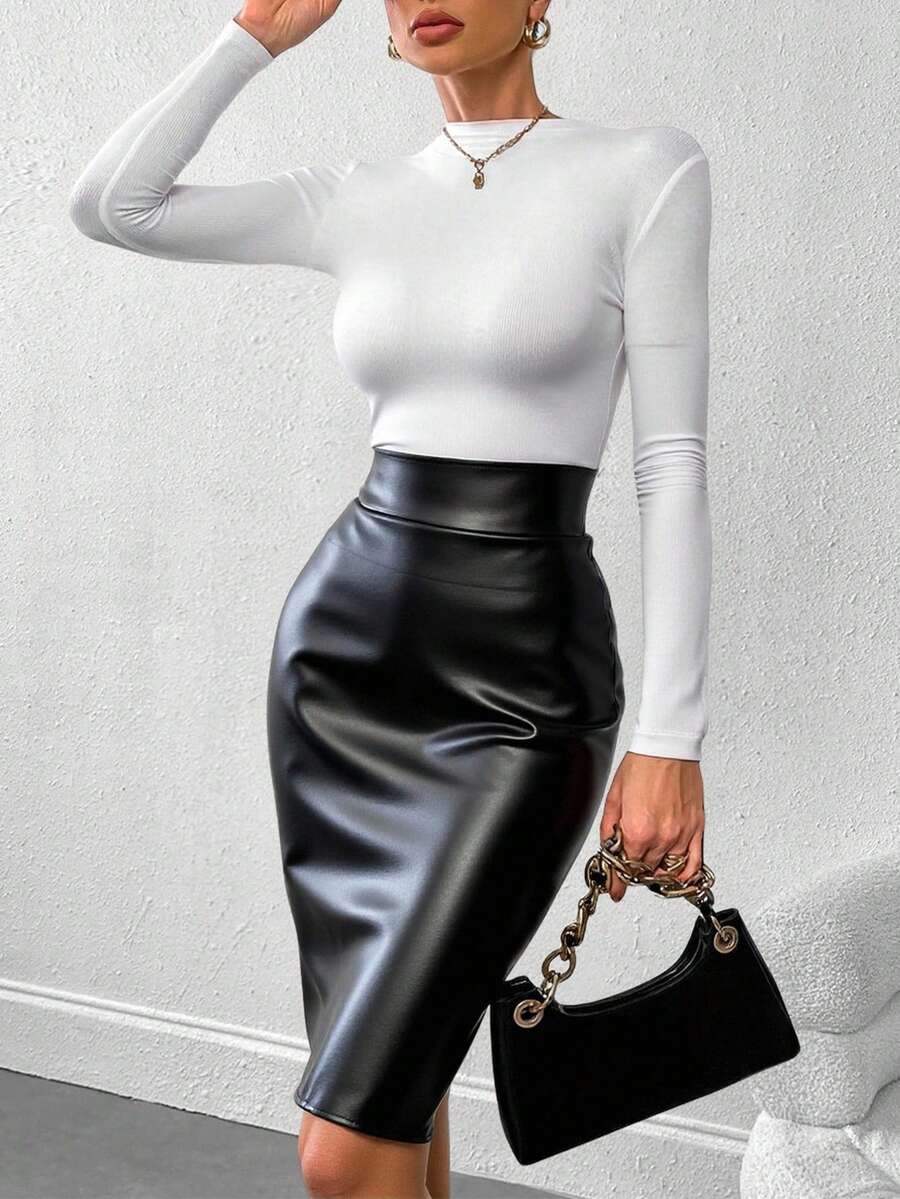 Women's High-Waisted PU Leather Pencil Skirt – Back Zipper, Back Slit, Black/Burgundy - Black - View 1