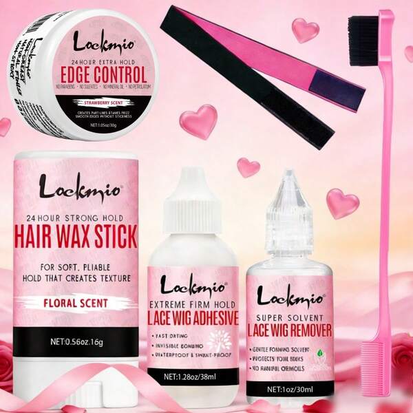 LOCKMIO 六件套假发蕾丝胶水套装，包含：38毫升旅行装蕾丝前假发胶水、30毫升假发胶水卸除剂、30克强力定型啫喱、16克防毛躁定型蜡、双面造型梳、弹性假发蕾丝融合胶带，是角色扮演、日常佩戴假发人士在情人节、生日等场合的完美礼物。