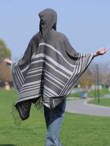 1pc Striped Jacquard Fringe Hooded Shawl, Versatile Daily Wear - Multicolor - View 2