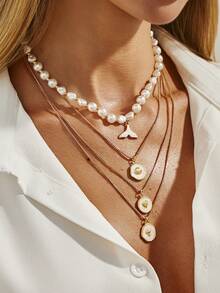 4件套海洋假日几何链条项链，仿珍珠串珠，贝壳，扇贝，鱼尾吊坠，优雅奢华，适合婚礼、派对、海滩、休闲、街头风格，女士及情侣款，假日、生日礼物 - 金色 - 查看 2
