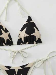 Sexy Black Star Print Bikini 2 Pieces Set, Adjustable Triangle Top + Tie-Up Bottoms, Essential Summer Beach Vacation Swimwear - Black and White - View 7