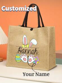 Customized Easter Canvas Tote Bag With Name, Easter Egg Hunt, Personalized Easter Gift, Burlap Bag With Easter Bunny Print, This Is A Printed Product - Multicolor - View 1