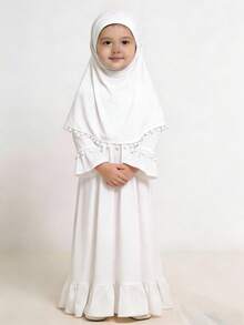 2pcs/Set Muslim Girls' Long Sleeve Solid Color Dress + Headscarf - White - View 2