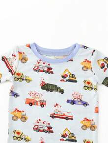 MIOZING  2pcs Ultra Soft Bamboo Viscose Baby Pajama Set, Long Sleeve Top & Pants Loungewear, Trucks, Cars & Heart Print,Breathable Stretchy Sleepwear For Toddler Boys - Màu xanh nhạt - Xem 4
