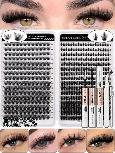 544/512/384 piezas Racimos de pestañas individuales DIY, libro de pestañas de alta capacidad con múltiples estilos, con pegamento y sellador, pinzas, juego de brochas, para diferentes maquillajes y belleza DIY, amigable para principiantes, extensiones de pestañas postizas gruesas y esponjosas para agrandar los ojos, pestañas postizas falsas densas y de larga duración, fáciles de usar con pestañas segmentadas, adecuadas para uso diario, boda, exterior, viaje, fiesta y festival, gran regalo para el kit de racimos de pestañas de las mujeres
