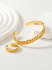 斋月闪亮纹理编织女士首饰套装（2件套），可调节手链和戒指，开斋节/婚礼必备 - 金黃色 - 查看 5