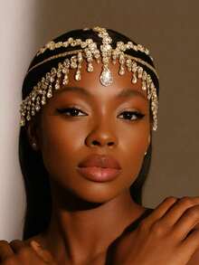 Rhinestone Tassel Forehead Pendant Headpiece, Fashionable European And American Style Stage Performance Hair Accessory, Hair Chain, Bride To Be, Party, Hair Accessories For Women - Gold - 查看 12