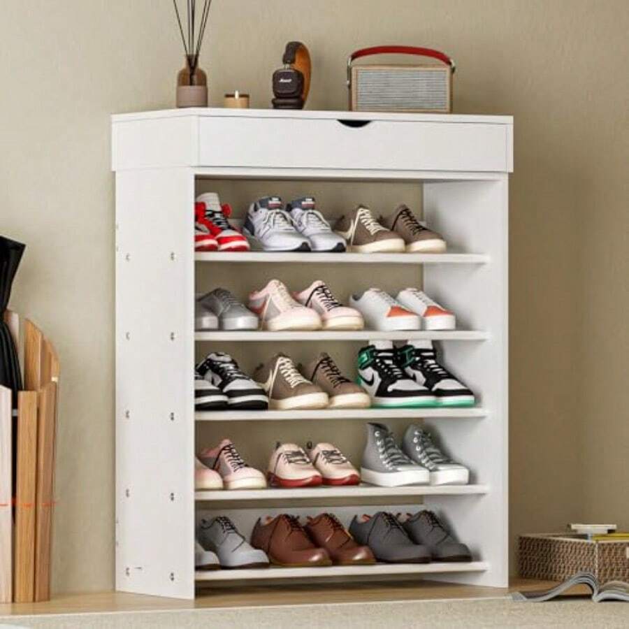 5-Tier Shoe Rack With Top Cabinet 29.5 Inches Shoe Storage Shelf Shoes Organizer For 20-25 Pairs Wooden + Metal Shees Shoe Rack For Entryway Bedroom Hallway Black - White - View 1