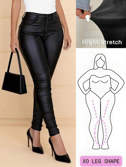 High Waist PU Leather Coated Women's Skinny Pants, Solid Color With Zipper, Button And Pockets Black Spring