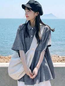 撞色格纹领荷叶边下摆休闲女式短袖衬衫，春夏款 - 藏蓝色 - 查看 1