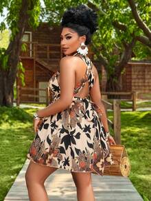 BIUBIU 大码女式夏季热带植物印花露背抹胸镂空无袖短裙，适合度假旅行（随机花卉图案）优雅 - 杏桃褐色 - 查看 2