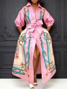 GLOURI Women's Pink Equestrian Print Maxi Shirt Dress - Button-Front & Puff Elbow Sleeve & Self-Tie Waist & High Slit Detail | Chic Bold Fit For Tropical Vacation Trips, Weekend Shopping Sprees For Effortlessly Glamorous Stylish Looks - 粉色 - 查看 1
