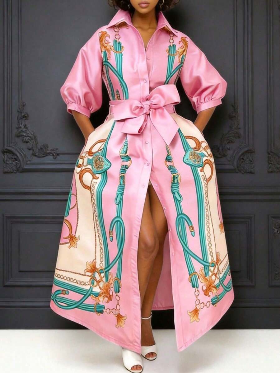 GLOURI Women's Pink Equestrian Print Maxi Shirt Dress - Button-Front & Puff Elbow Sleeve & Self-Tie Waist & High Slit Detail | Chic Bold Fit For Tropical Vacation Trips, Weekend Shopping Sprees For Effortlessly Glamorous Stylish Looks - 粉色 - 查看 1
