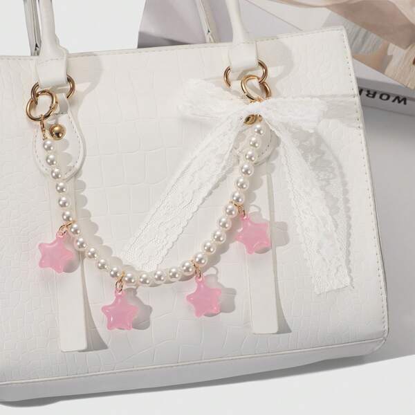 1pc Sweet White Lace Bow Keychain, Faux Pearl Chain With Pink Star Charm, Bag Decor, Holiday Gift