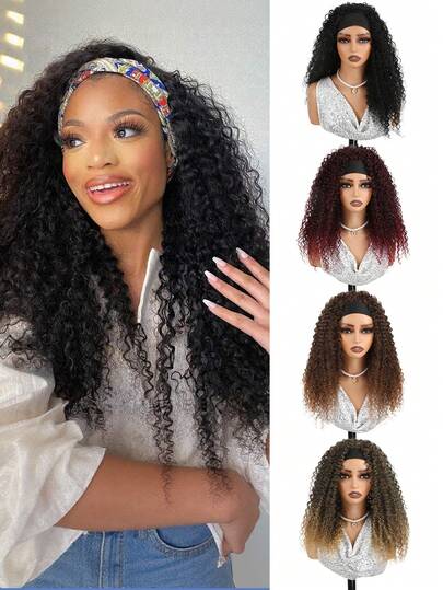 16 Inch Glueless Non Lace Front Wig Machine Made Wigs,Headband Wigs For Black Women Ombre Brown Black Burgundy Short Afro Kinky Curly Glueless Headband Wig ,Brazilian Wet And Wavy Curly Hair Headband Half Wigs