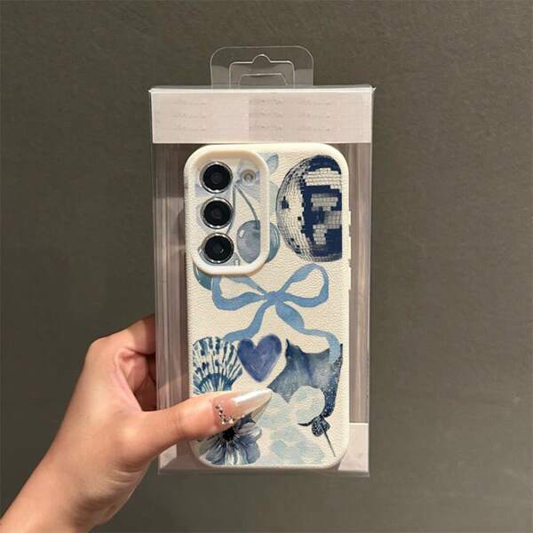1个TPU材质清新蓝调樱桃蝴蝶结拼接图案时尚手机壳，兼容三星A05s、A12、A13、A14、A14 4G、A15、A21s、A23、A25、A32、A32 5G、A34、A35、A50s、A51、A52、A53、A54、A55、A71、A72、A73、S10、S20 FE、S20 Ultra、S21 Ultra、S22、S22 Plus、S23、S24、红米10C、12C、Note 10、11、12、13、Pro Plus、Note 8、9 Pro，全方位保护软壳手机壳
