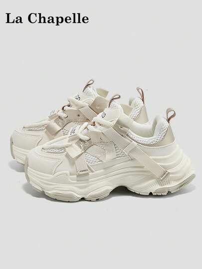 1 Pair La Chapelle Women's Thick Sole Lace-Up Soft Bottom Casual Shoes, Low-Top Outdoor Flat Shoes, Round Toe Low Heel Non-Slip Solid Color Elegant Soft Bottom Hiking Shoes, Suitable For Students, Graduation Photos, Flat Shoes, Low-Top Leather Sports Skateboard Shoes