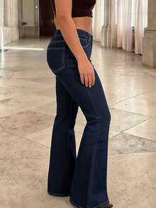 Women's Mid-Rise Flared Jeans, Sexy Ripped Elastic Raw Hem Denim Flared Pants, Casual Wear Fashion Trousers - TC08342深藍 - 查看 2