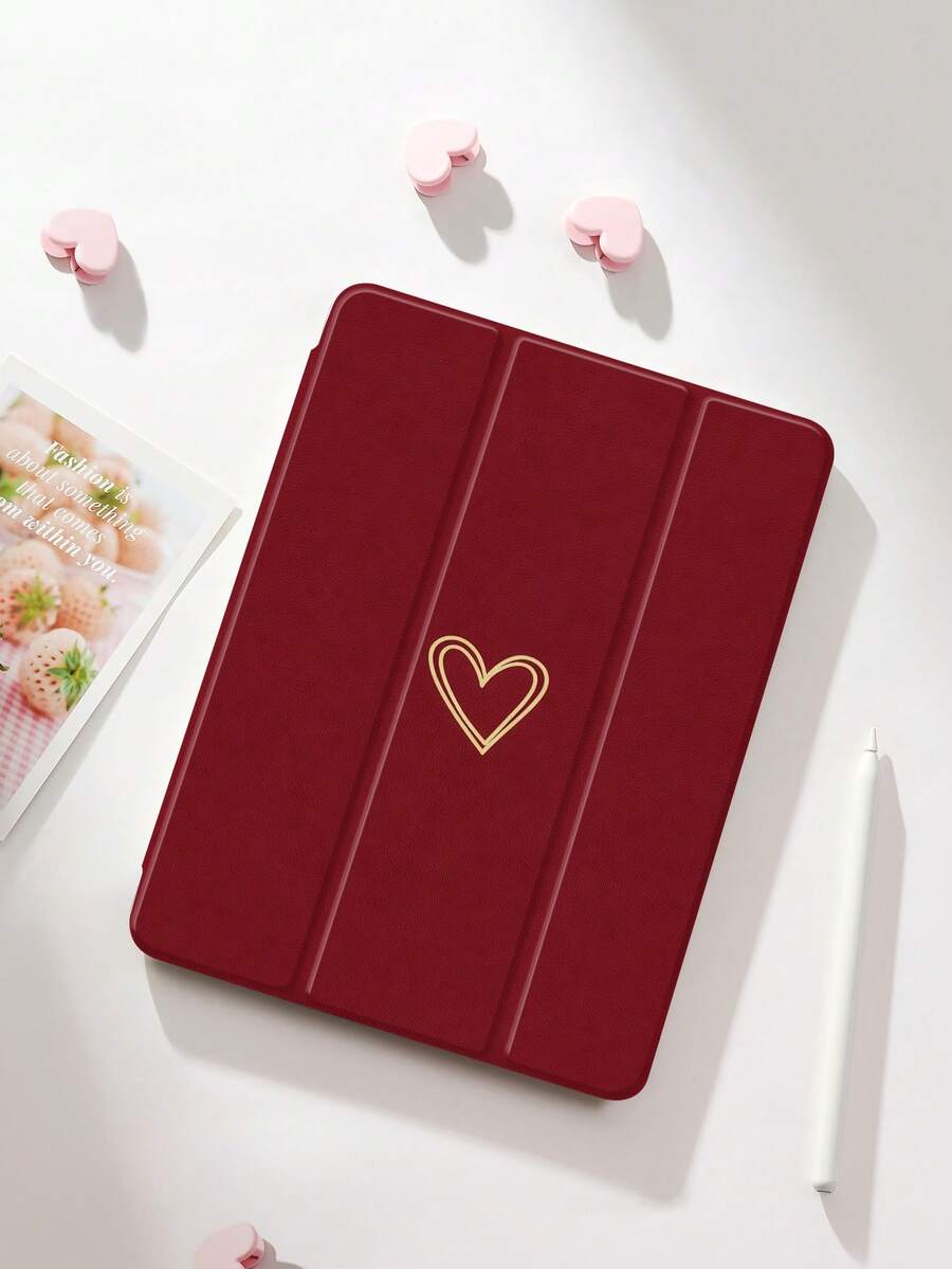 1个复古红色纯色小爱心图案平板电脑保护套，防摔，带笔槽，支持睡眠/唤醒功能，三折平板电脑支架保护壳，兼容iPad 10.2英寸、iPad Pro 2021/2020、iPad (A16) 11英寸、第11代2025款/第10代、Galaxy Tab A8 10.5英寸2022款、Matepad 10.4英寸/Tab等。