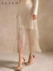 Aliao优雅流苏高领长袖吊带裙，适合秋季、假日、节日、海滩、派对、秋冬季、白色主题派对、复古风、宫廷风、宴会、情人节、毕业舞会等场合。 - 香檳色 - 查看 3
