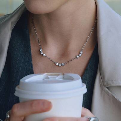 S SHOPBOHO 1件装优质不锈钢回形针链条，镶嵌闪亮锆石钻石项链，简约日常饰品，送给她的礼物