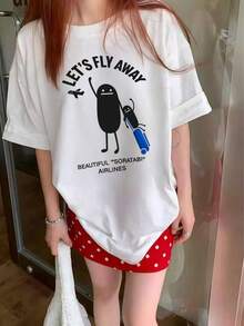 200g 100% Cotton T-Shirt, 2026 Women's Summer Fashion Cartoon Character Print Short Sleeve T-Shirt, Couple Style, Underwear/Outerwear, Office Casual Round Neck Short Sleeve Top - White {Fun T-shirt/Women's Summer Clothing} - View 3