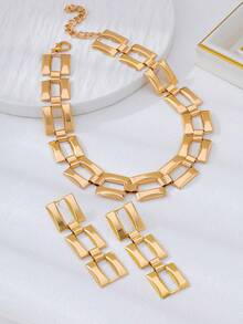 一套百搭精致几何镂空方形金属链项链耳环首饰套装，节日及假期送给女性的礼物 - 金黃色 - 查看 2