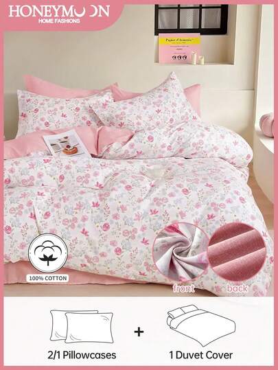 2/3pcs Double-Sided Printed Duvet Cover Set, 100% Cotton, Supersoft & Skin-Friendly, Timeless Elegant All-Season Bed Layer, Chic Lovely Printing Decorative Bed Sprea Bed Cover For Bedroom Dorm, Comforter Not Included, For Home Bedding And School Bedding Dorm Essentials, Machine Washable