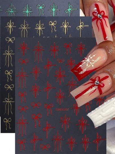 1 Sheet Green Red Gold Bow Nail Art Stickers Adhesive Sliders DIY 5D Embossed Nails Polish Manicure Sticker Decals Nail Supplies