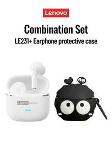 联想 LE231 迷你蓝牙耳机，带充电盒，蓝牙 6.0，高品质 ENC 通话降噪，低延迟游戏和音乐模式，超长续航，舒适的无线耳机，适用于智能手机、电脑、情侣，节日礼物 - 白色耳機+煤球保護套 - 查看 1
