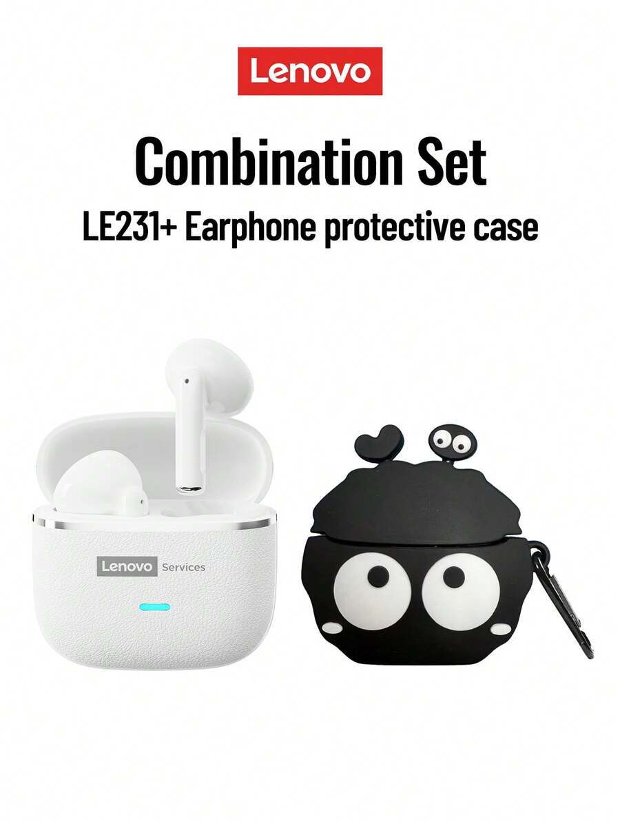 联想 LE231 迷你蓝牙耳机，带充电盒，蓝牙 6.0，高品质 ENC 通话降噪，低延迟游戏和音乐模式，超长续航，舒适的无线耳机，适用于智能手机、电脑、情侣，节日礼物 - 白色耳機+煤球保護套 - 查看 1