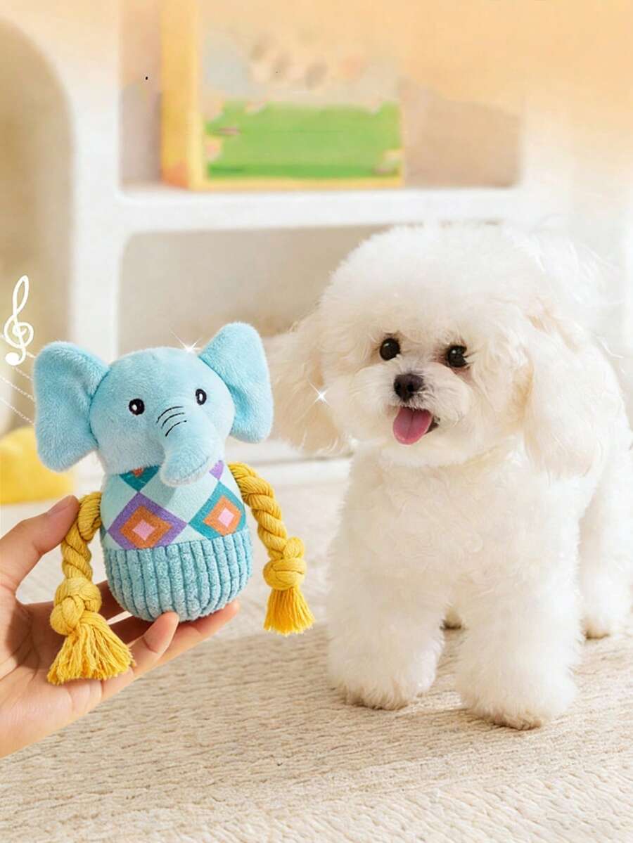 1个蓝色狗狗绳结玩偶，宠物叫声玩偶，毛绒咀嚼玩偶，牙齿护理互动玩偶，适合小型/中型犬