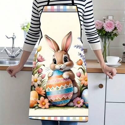 1 szt. Wesołego fartucha wielkanocnego z uroczym króliczkiem i kolorowymi jajkami, idealny do pieczenia, gotowania, świątecznego wystroju kuchni, wiosennych, sezonowych artykułów imprezowych, prezentów o tematyce wielkanocnej dla kobiet, mężczyzn, dzieci i uroczystości